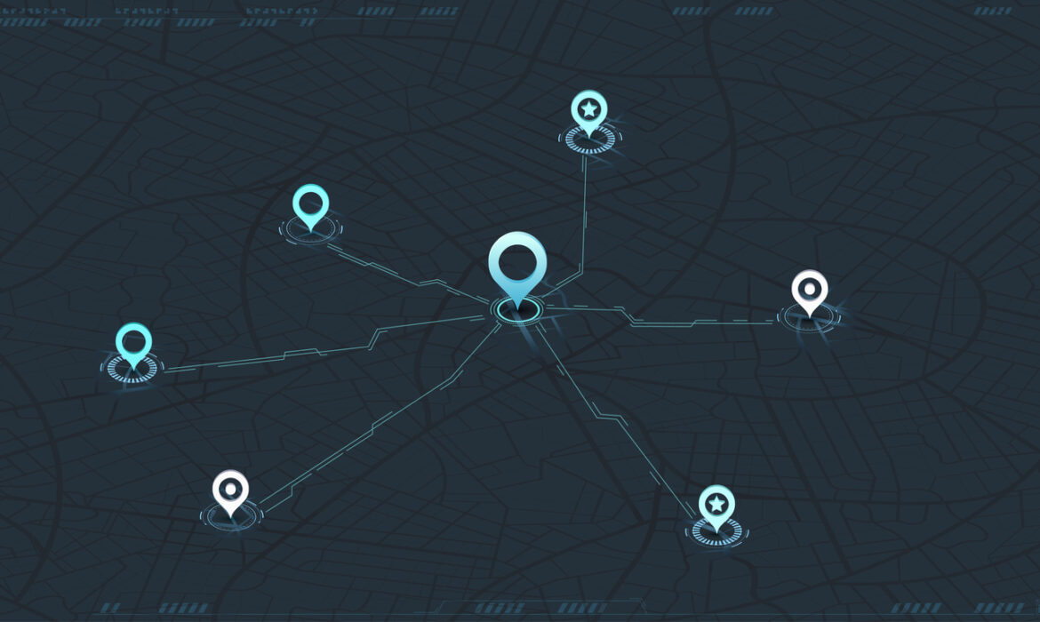 Abstract navigation through multiple POI. Online location tracking with arrival time data on city map. City map in blue and dark colors. Vector illustration