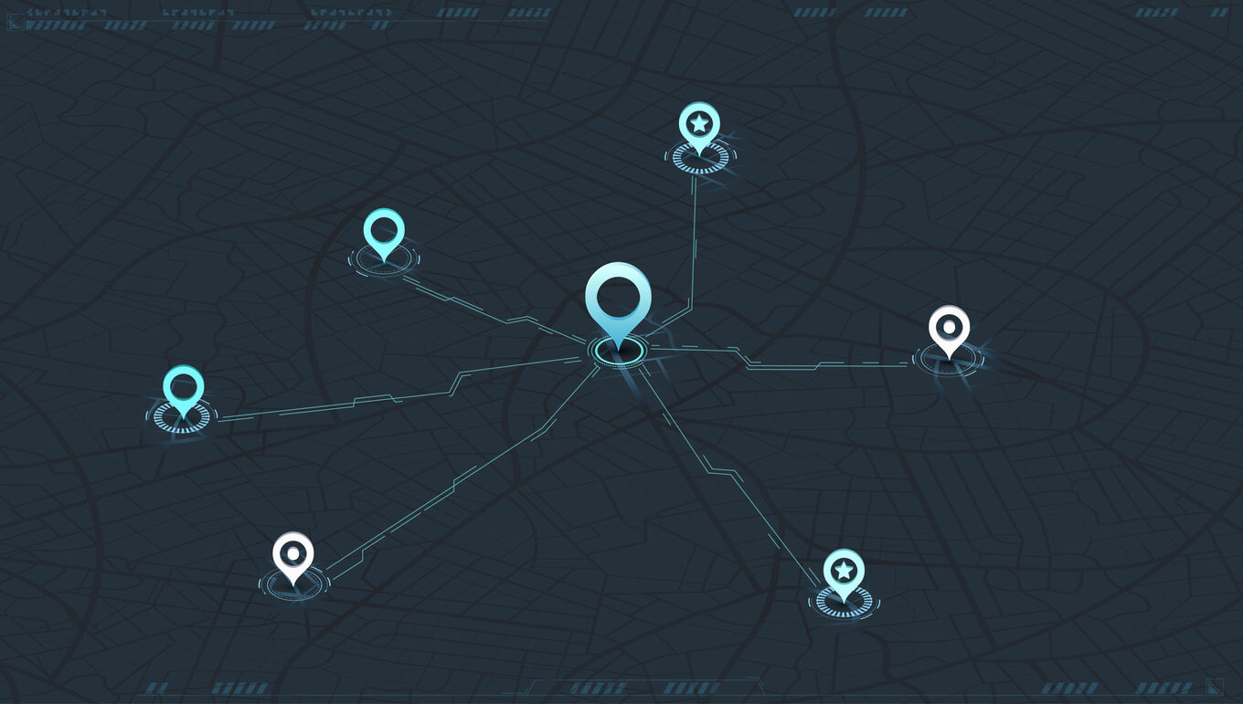 Abstract navigation through multiple POI. Online location tracking with arrival time data on city map. City map in blue and dark colors. Vector illustration