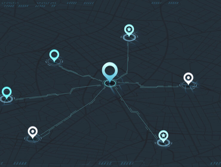 Abstract navigation through multiple POI. Online location tracking with arrival time data on city map. City map in blue and dark colors. Vector illustration